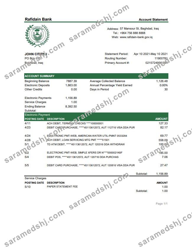 Iraq Rafidain Bank statement template in .xls and .pdf file format
